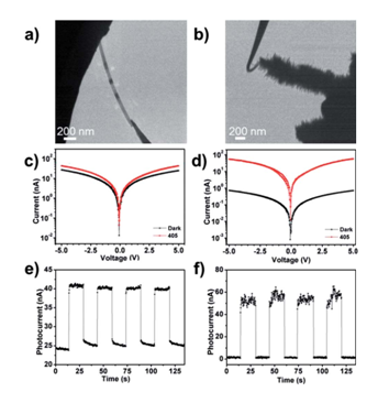 圖4：（a）（b）分別對(duì)應(yīng)CdS納米帶和CdS/ZnO異質(zhì)結(jié)安置在原位光學(xué)-光纖樣品桿中的TEM圖像。（c）（d）分別對(duì)應(yīng)CdS納米帶和CdS/ZnO異質(zhì)結(jié)I-V曲線的開(kāi)關(guān)特性。（e）（f）分別對(duì)應(yīng)CdS納米帶和CdS/ZnO異質(zhì)結(jié)對(duì)周期性光信號(hào)的響應(yīng)特性。